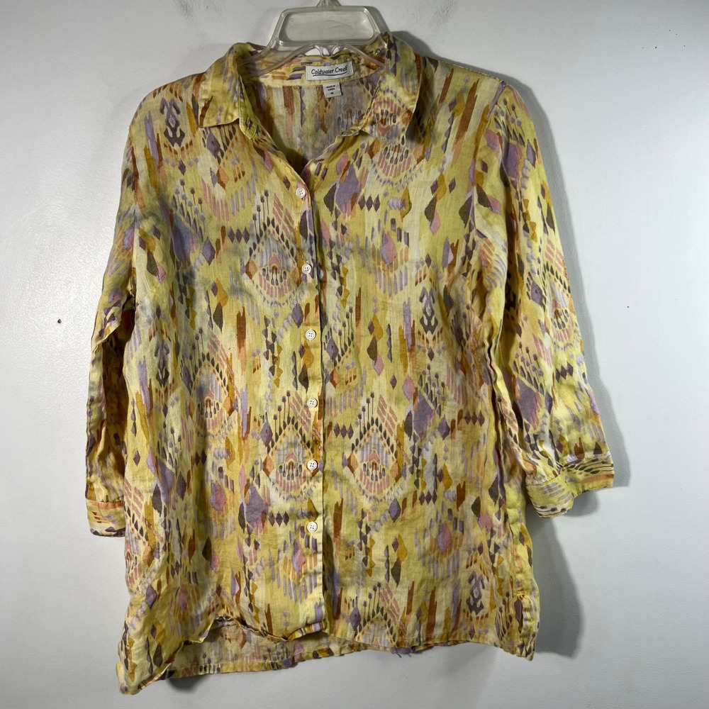 ColdWater Creek Ikat Aztec Linen Button Shirt 3/4 Sleeve‎ Yellow Multi M